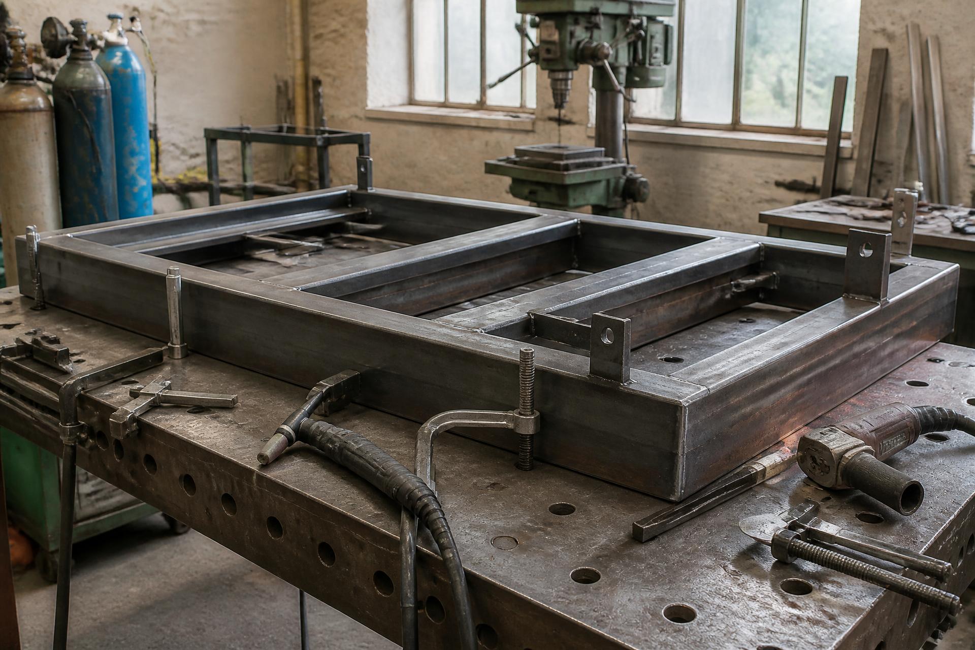 Svařovaná ocelová konstrukce upnutá na svařovacím stole v dílně KH Welding