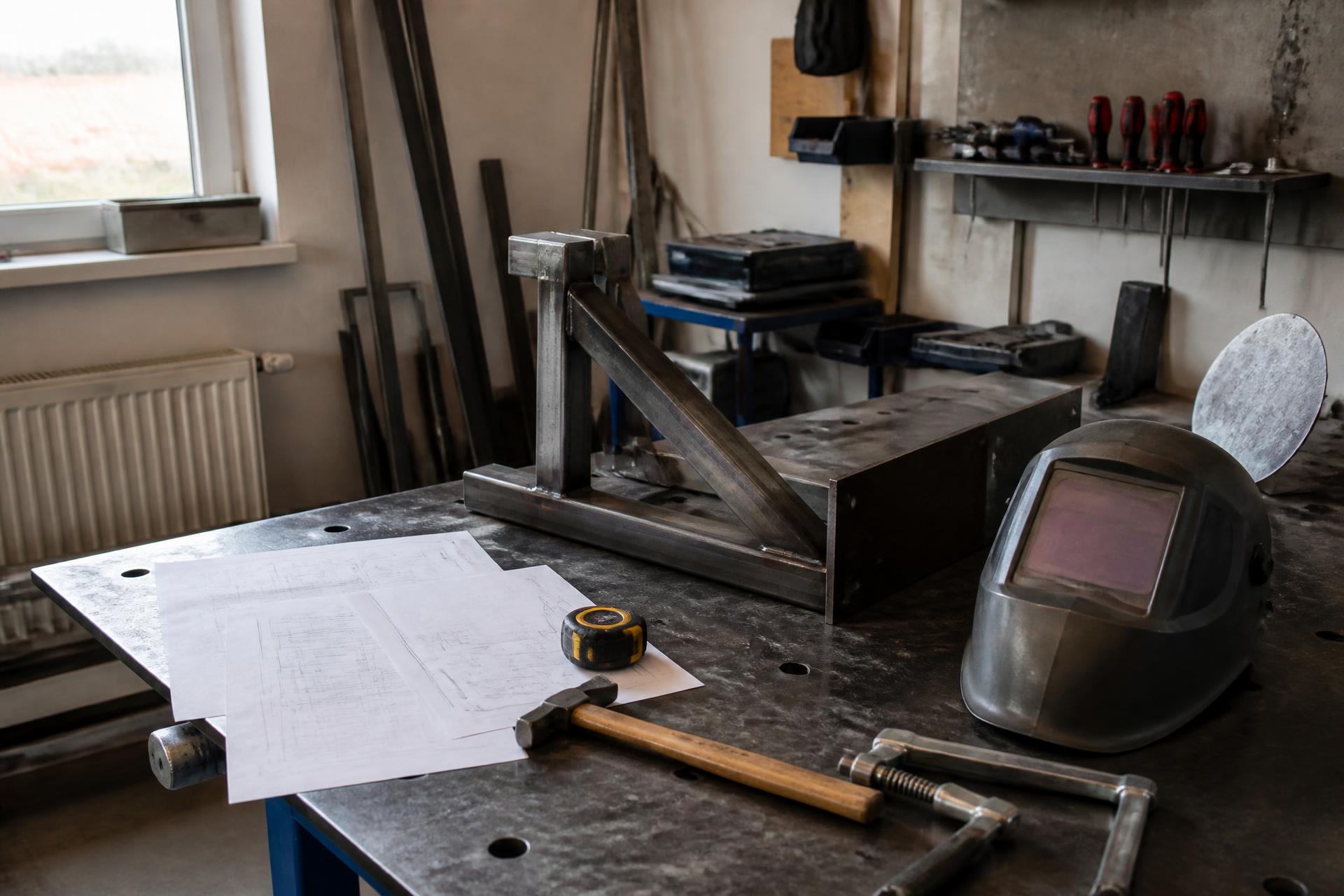 Pracovní stůl s výkresy a svařenou konstrukcí v dílně KH Welding